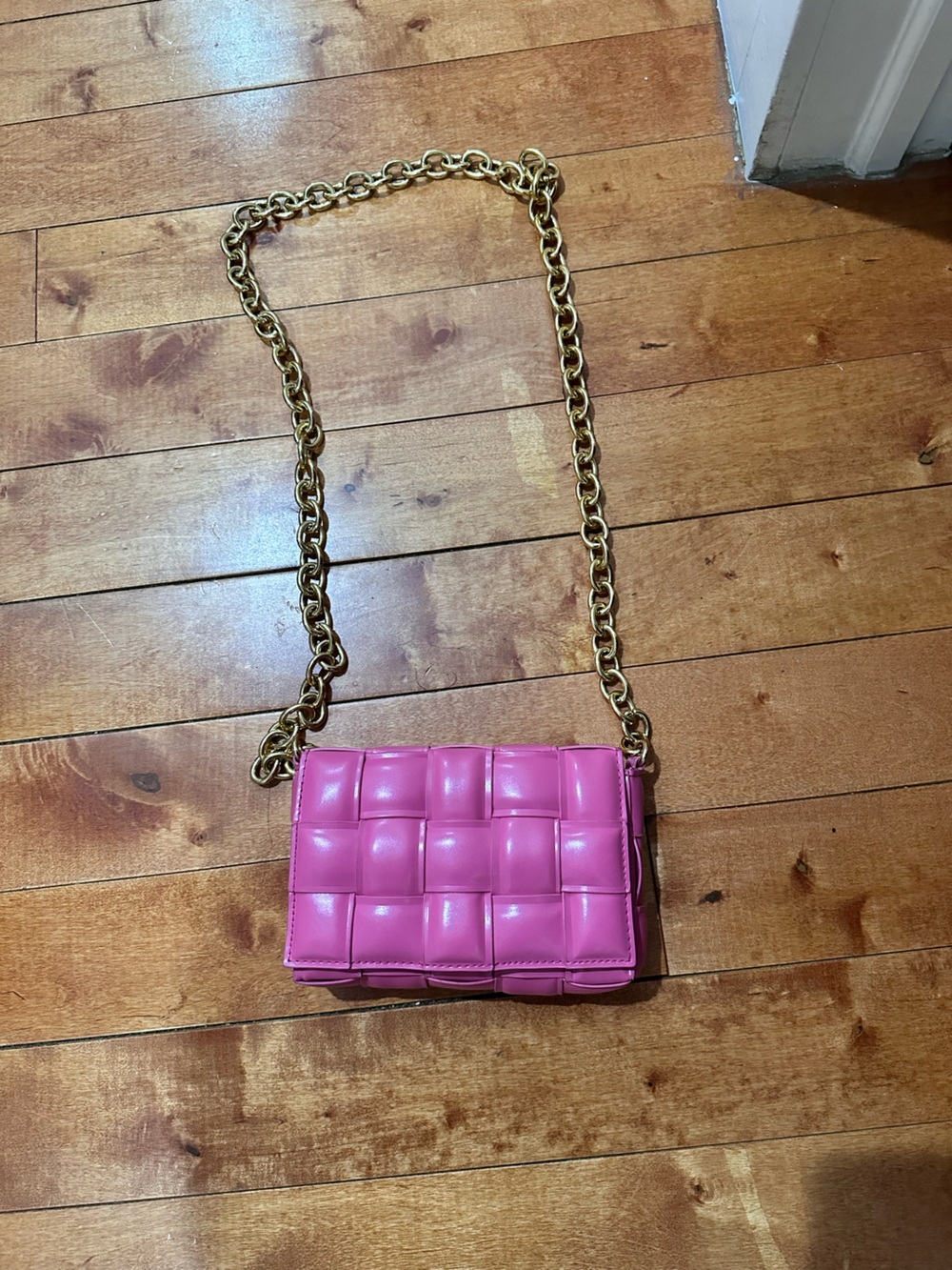 Pink Woven Leather Crossbody Bag with Gold Chain
